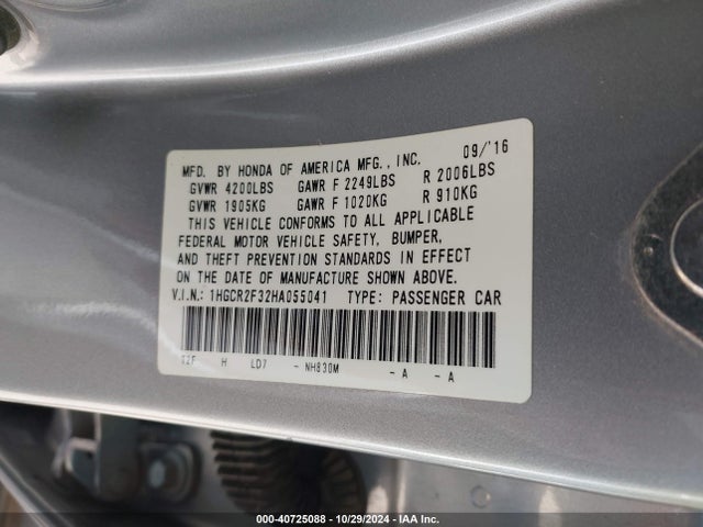 Honda ACCORD LX 2017 1HGCR2F32HA055041 Image 9