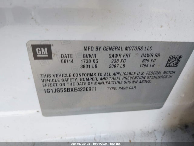 1G1JG5SBXE4230911 Chevrolet Sonic Rs Auto