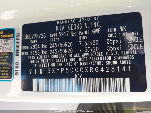 5XYP5DGCXRG428141 KIA Telluride Sx Prestige