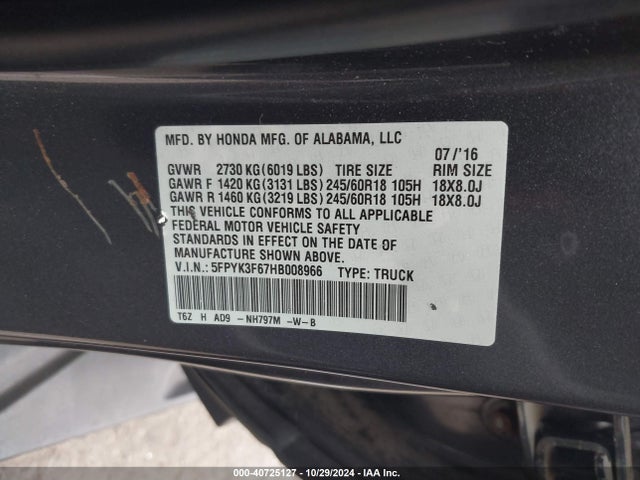 Honda Ridgeline Rtl-t 2017 5FPYK3F67HB008966 Image 9