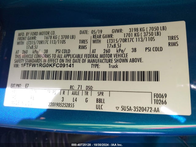 Ford F-150 Raptor 2019 1FTFW1RG0KFC09141 Image 9