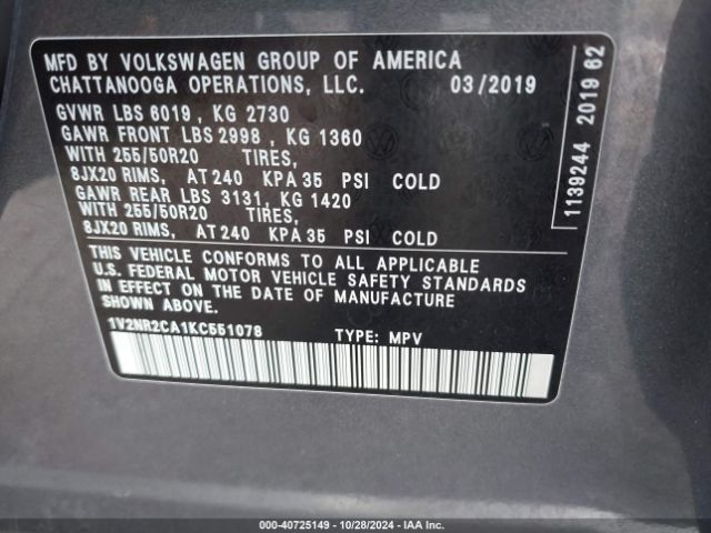 1V2NR2CA1KC551078 Volkswagen Atlas 3.6l V6 Sel Premium