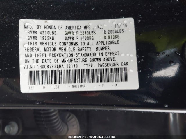 Honda ACCORD LX 2017 1HGCR2F36HA102149 Image 9