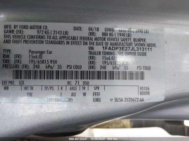 1FADP3E27JL313111 Ford FOCUS S