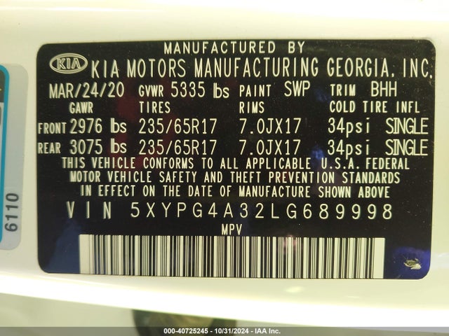 KIA Sorento 2.4l Lx 2020 5XYPG4A32LG689998 Image 9