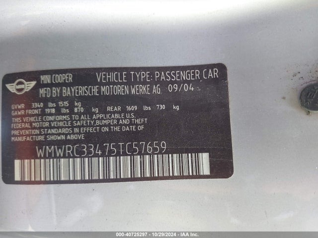 2005 MINI COOPER WMWRC33475TC57659 Photo 8