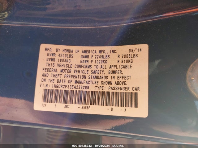 Honda ACCORD LX 2014 1HGCR2F30EA238269 Image 9