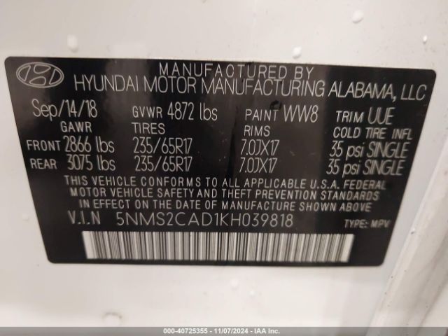 5NMS2CAD1KH039818 Hyundai Santa Fe Se