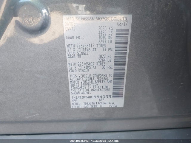 Nissan ROGUE SV 2017 5N1AT2MT4HC884039 Image 9