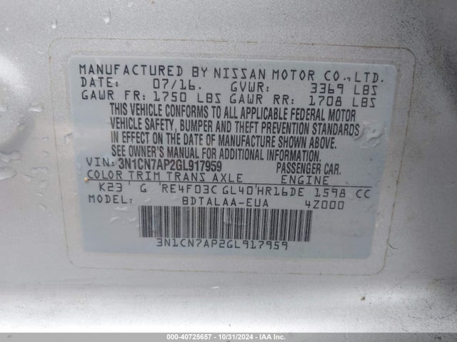 Nissan Versa 1.6 S 2016 3N1CN7AP2GL917959 Image 9