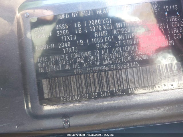 Subaru Outback 2.5i Limited 2014 4S4BRBMC9E3269145 Image 9