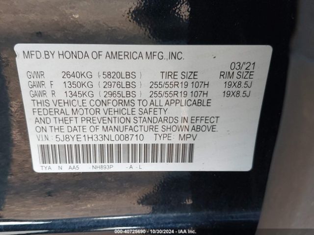 5J8YE1H33NL008710 Acura Mdx Standard