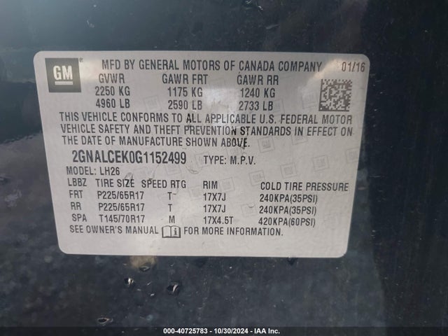 Chevrolet EQUINOX LT 2016 2GNALCEK0G1152499 Image 9