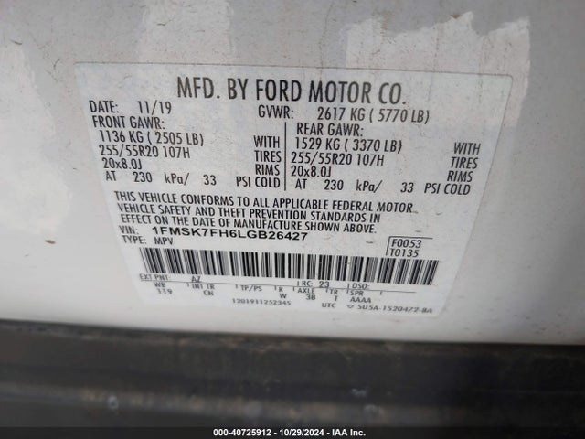 Ford Explorer Limited 2020 1FMSK7FH6LGB26427 Image 9