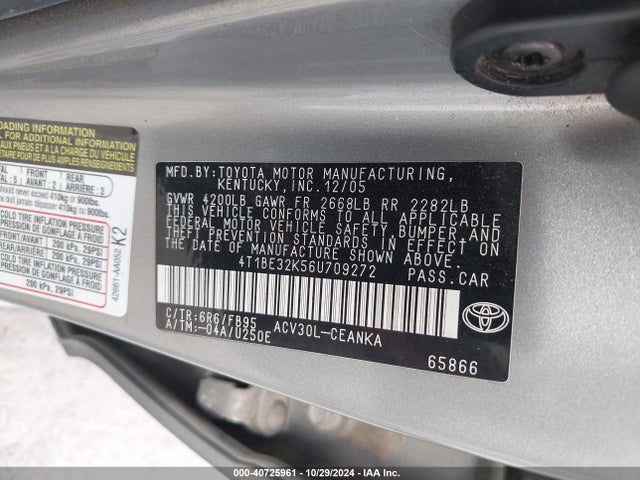 Продаж на аукціоні авто 2006 Toyota Camry Le, vin: 4T1BE32K56U709272, номер лоту: 40725961