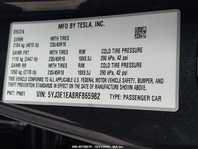 2024 TESLA MODEL 3 5YJ3E1EA8RF865982 Photo 8