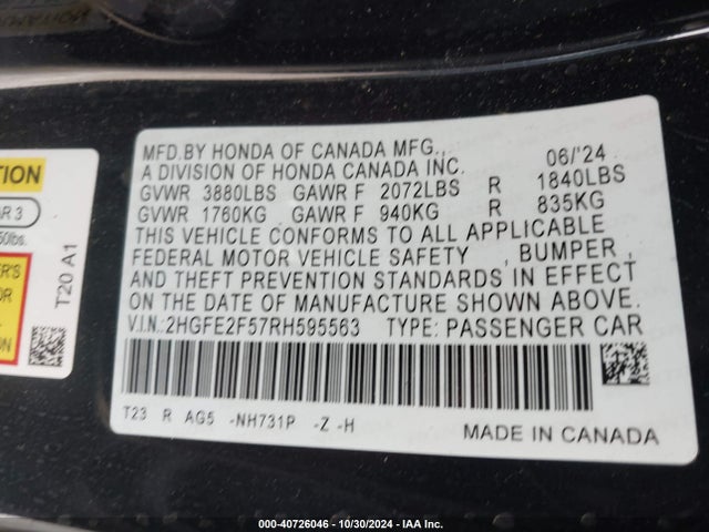 Honda Civic Sport 2024 2HGFE2F57RH595563 Image 9