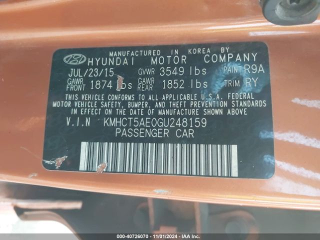 Hyundai ACCENT SE 2016 KMHCT5AE0GU248159 Image 9