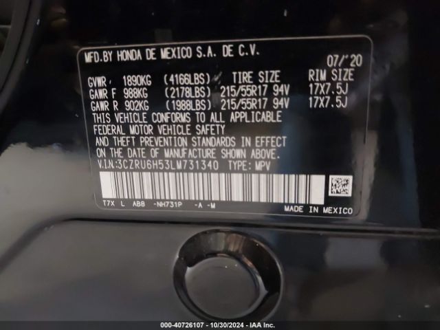3CZRU6H53LM731340 Honda Hr-v Awd Ex
