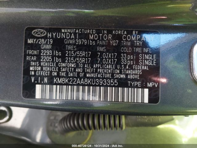 KM8K22AA8KU393355 Hyundai Kona Sel