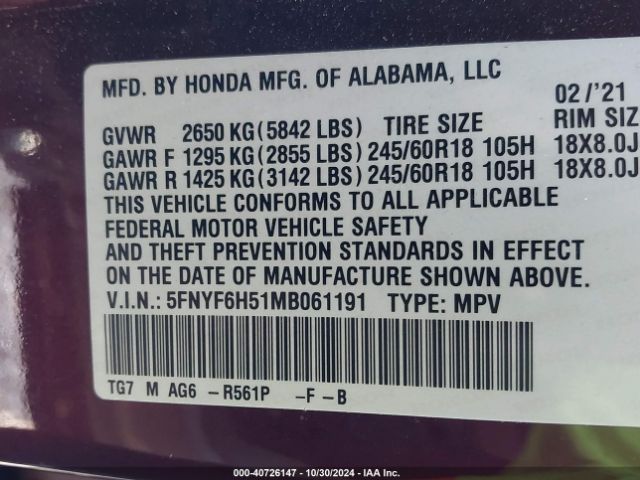 5FNYF6H51MB061191 Honda Pilot Awd Ex-l