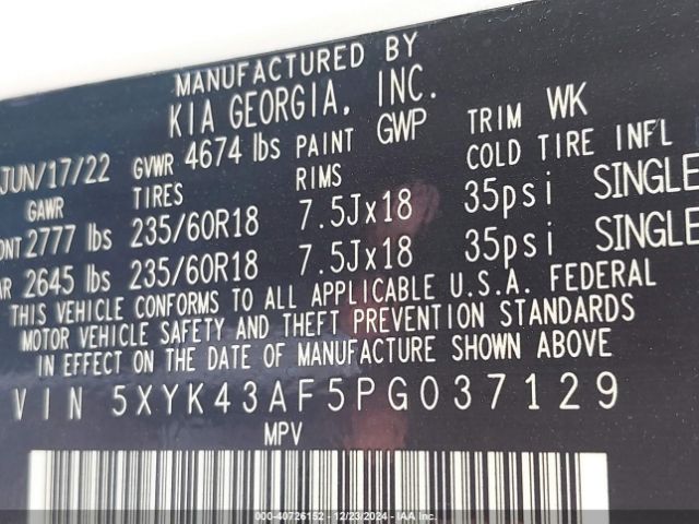 5XYK43AF5PG037129 KIA Sportage Sx