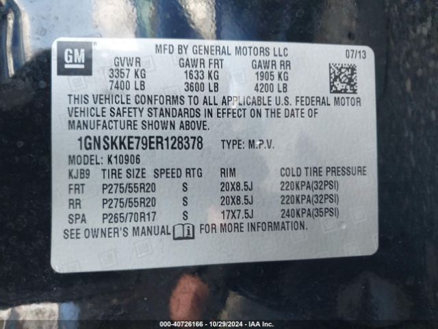 1GNSKKE79ER128378 Chevrolet Suburban 1500 Ltz