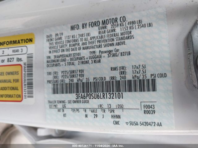 3FA6P0SU6LR132101 Ford Fusion Titanium