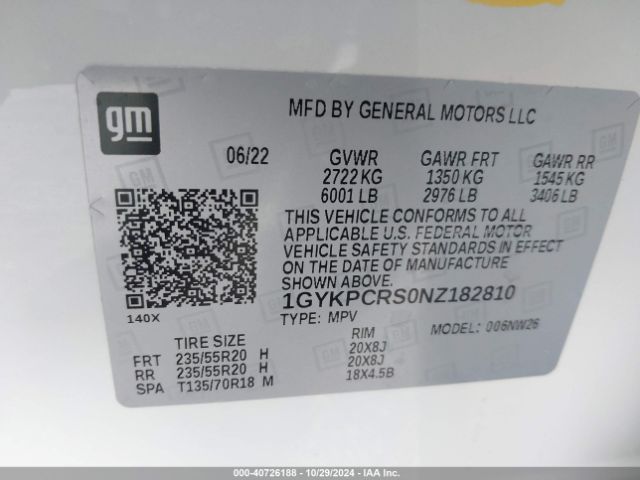 1GYKPCRS0NZ182810 Cadillac Xt6 Premium Luxury