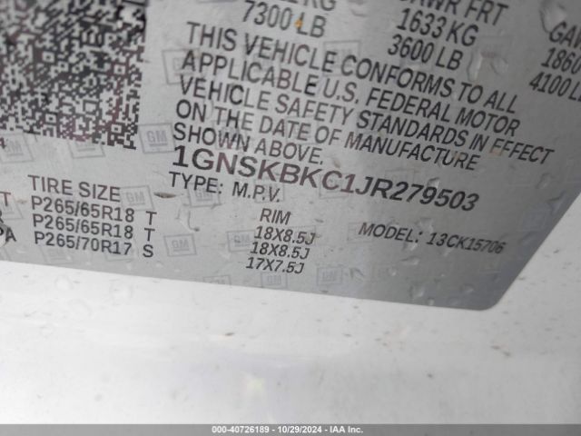 1GNSKBKC1JR279503 Chevrolet Tahoe Lt