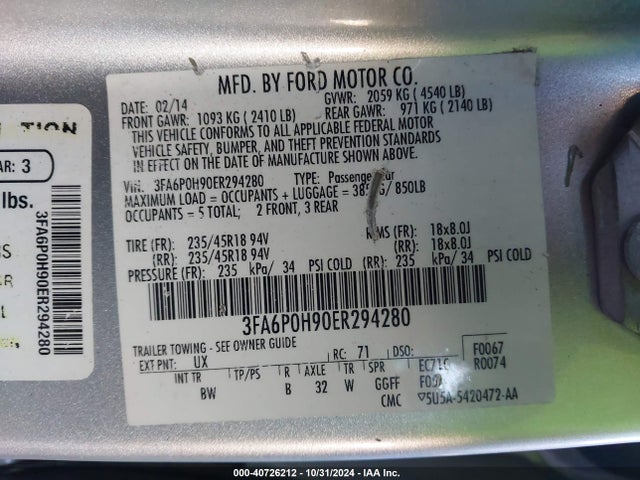 Ford FUSION SE 2014 3FA6P0H90ER294280 Image 9