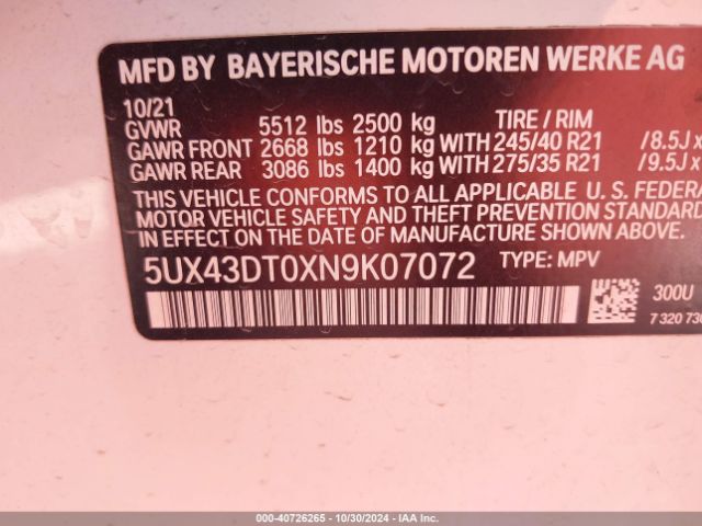 5UX43DT0XN9K07072 BMW X4 M40i