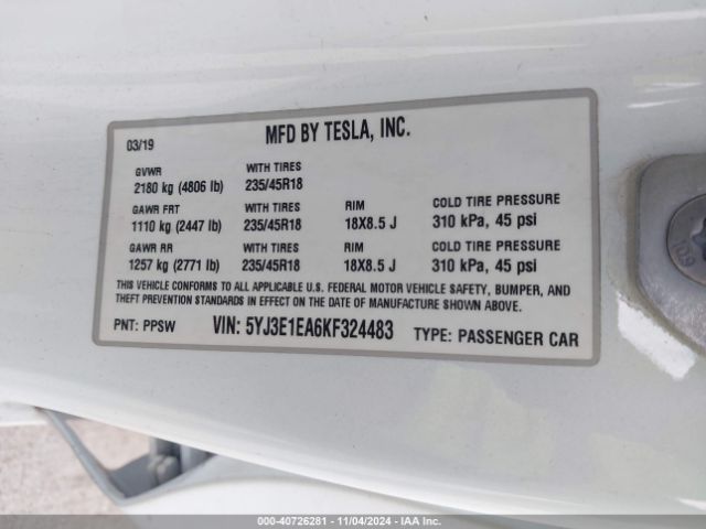 5YJ3E1EA6KF324483 Tesla Model 3 Long Range/mid Range/standard Range/standard Range Plus
