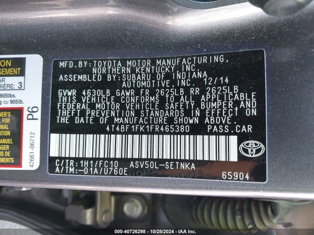 Toyota CAMRY LE 2015 4T4BF1FK1FR465380 Image 9