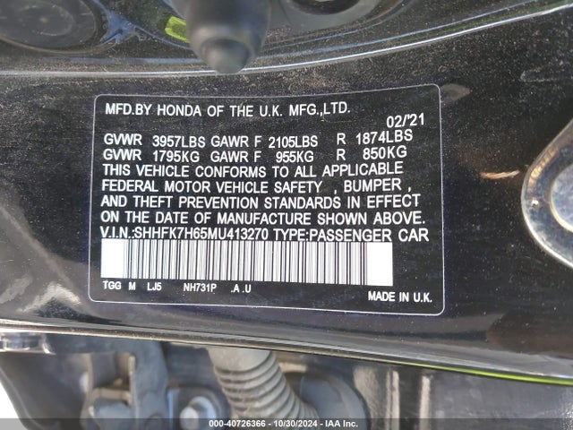 Honda CIVIC EX 2021 SHHFK7H65MU413270 Image 9