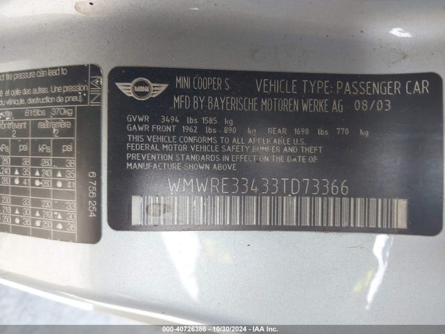 2003 MINI COOPER S WMWRE33433TD73366 Photo 8