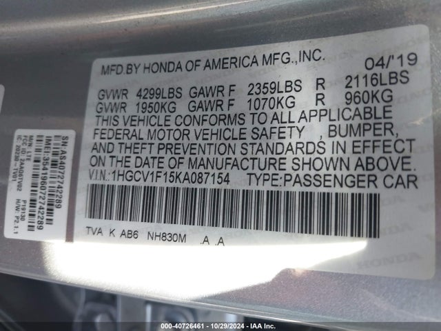 Honda ACCORD LX 2019 1HGCV1F15KA087154 Image 9
