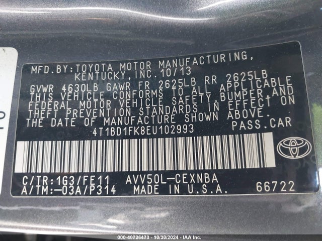 Toyota 2ar-fxe+2jm 2014 4T1BD1FK8EU102993 Image 9
