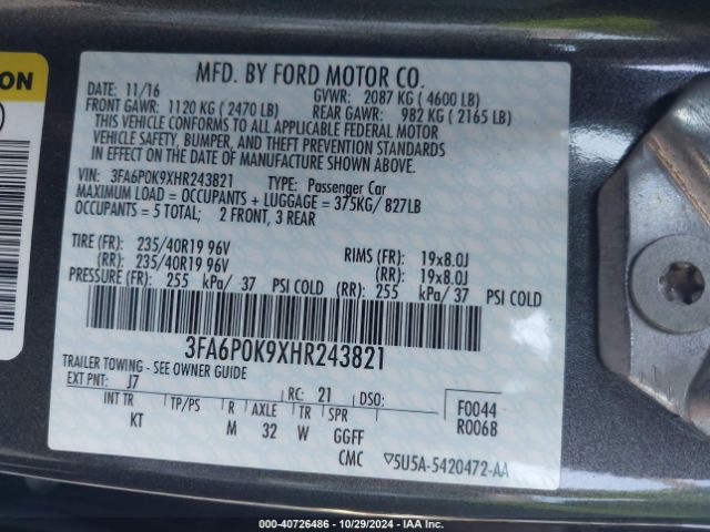 3FA6P0K9XHR243821 Ford Fusion Titanium