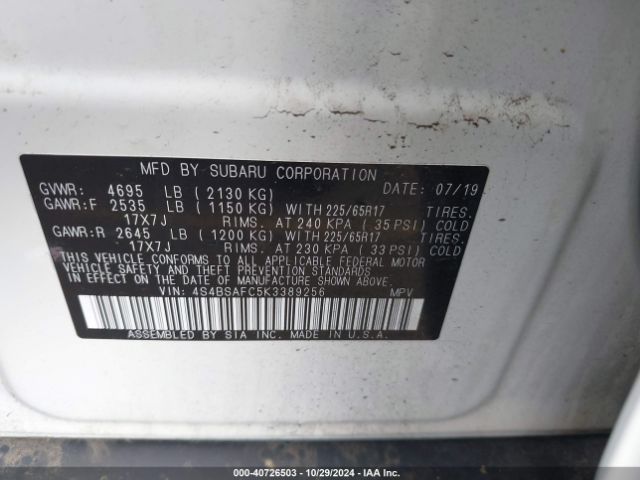 2019 SUBARU OUTBACK 4S4BSAFC5K3389256 Photo 8