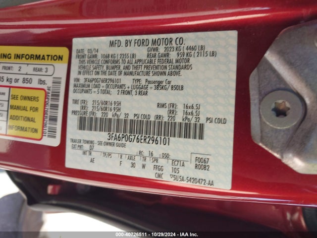 Ford FUSION S 2014 3FA6P0G76ER296101 Image 9
