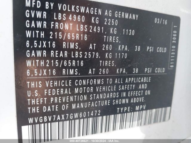 WVGBV7AX7GW601472 Volkswagen TIGUAN S