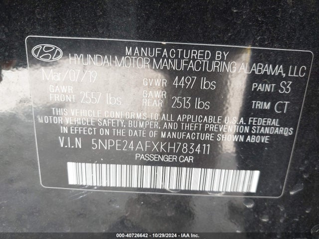 Hyundai SONATA SE 2019 5NPE24AFXKH783411 Image 9