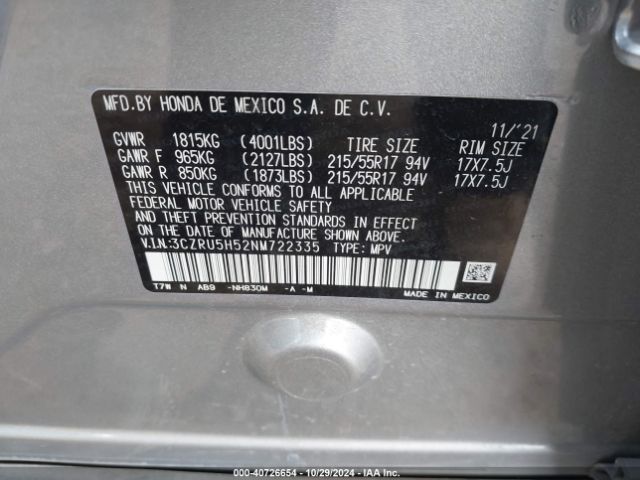 3CZRU5H52NM722335 Honda Hr-v 2wd Ex