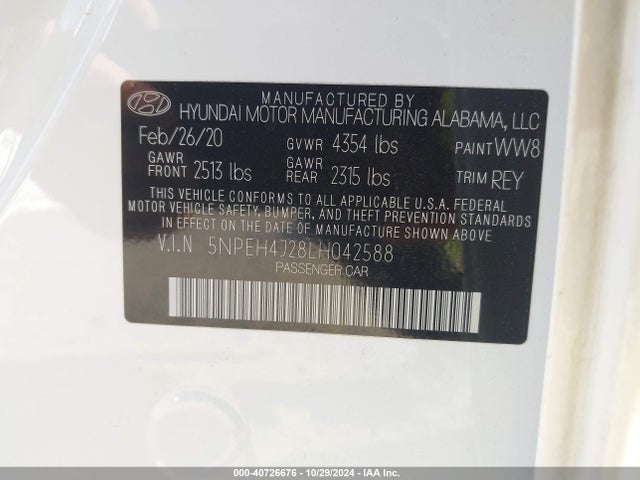 5NPEH4J28LH042588 Hyundai Sonata Limited