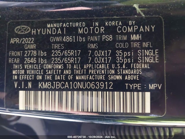 KM8JBCA10NU063912 Hyundai Tucson Hybrid Blue