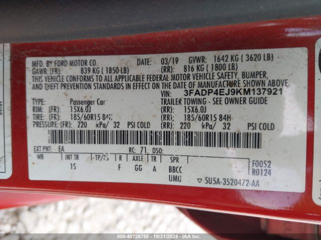 3FADP4EJ9KM137921 Ford FIESTA SE