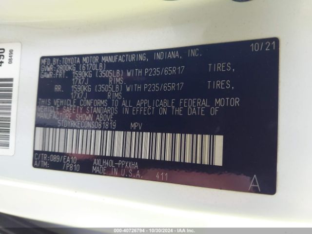 5TDYRKEC0NS081819 Toyota SIENNA XLE