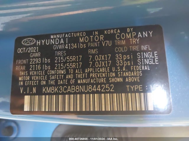 KM8K3CAB8NU844252 Hyundai Kona Sel