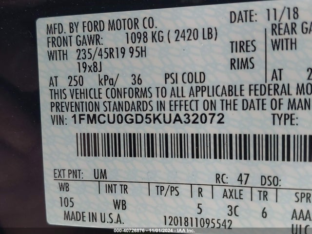 Ford ESCAPE SE 2019 1FMCU0GD5KUA32072 Image 9